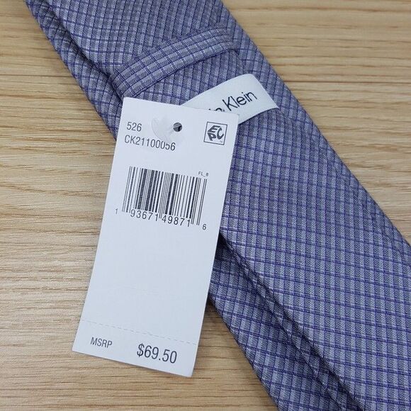 CALVIN KLEIN Mens Neck Tie Silver Purple Grid Silk Blend Classic Pointed - Picture 3 of 6